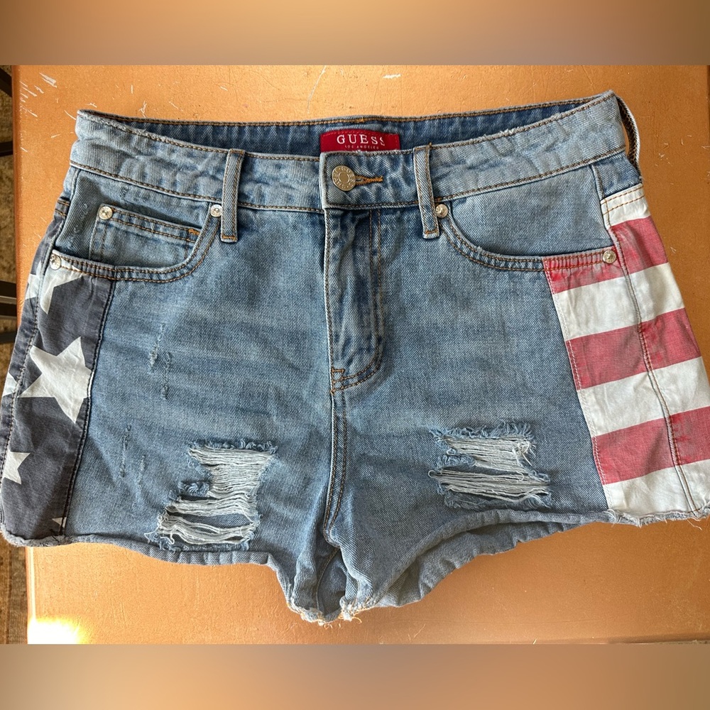 GUESS Patriotic Stars and Stripes Distressed Jean Short